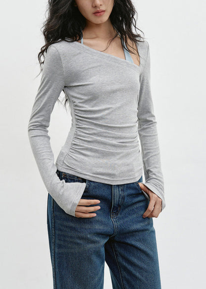 Slim Fit Slanted Shoulder Grey Long Sleeved T-shirt Spring