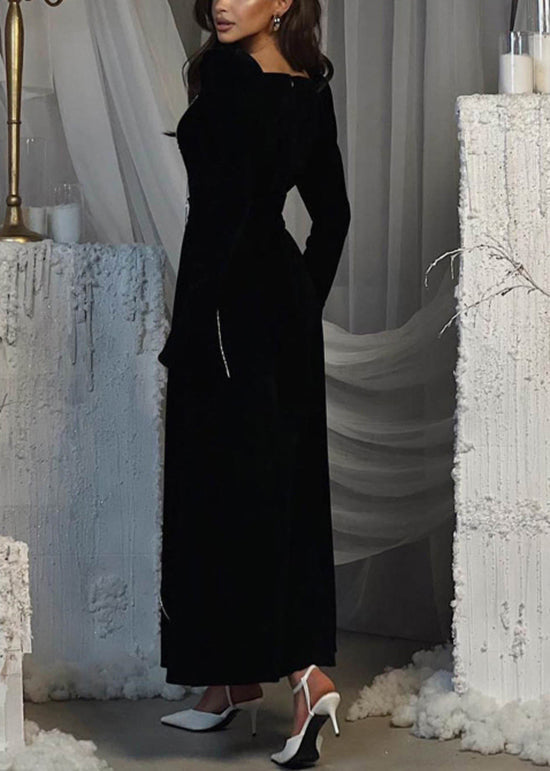 European and American Style Black Square Collar Velvet Dresses Flare Sleeve
