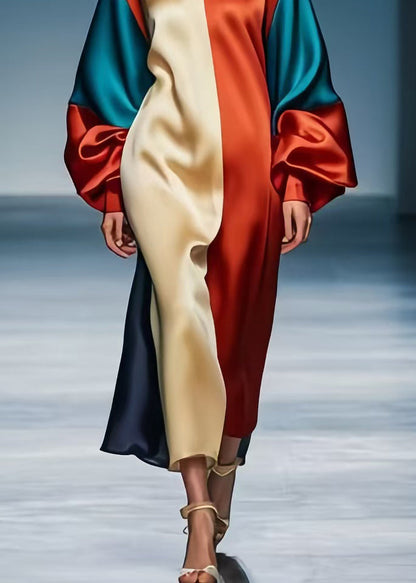 Colorblock V Neck Patchwork Silk Party Dress Lantern Sleeve