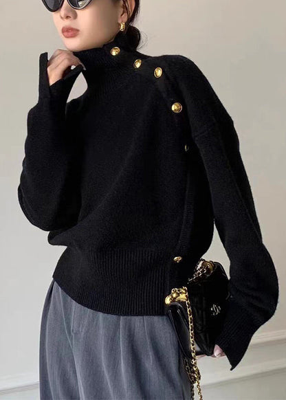 Grey Turtleneck Button Side Open Knit Sweater Winter
