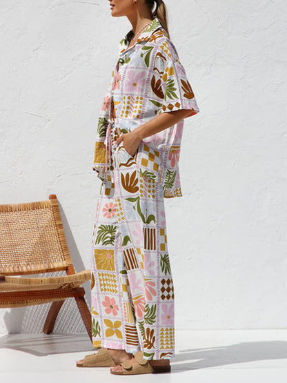 Multicolor Printed Holiday Style Top Wide Leg Pants Suit