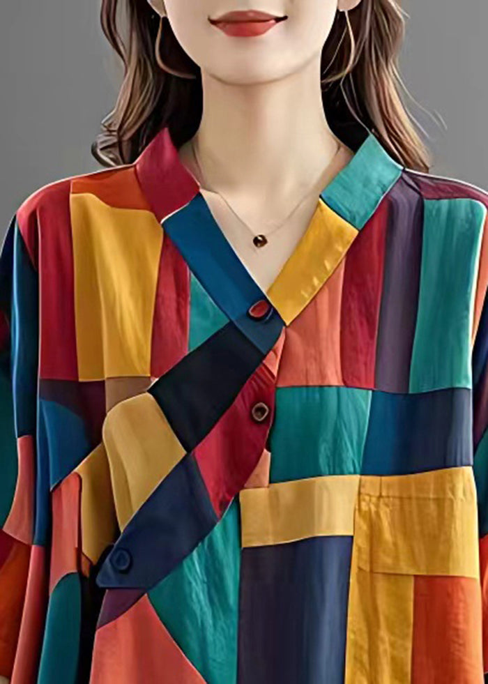 Colorblock Asymmetrical Patchwork Applique Linen Top Summer