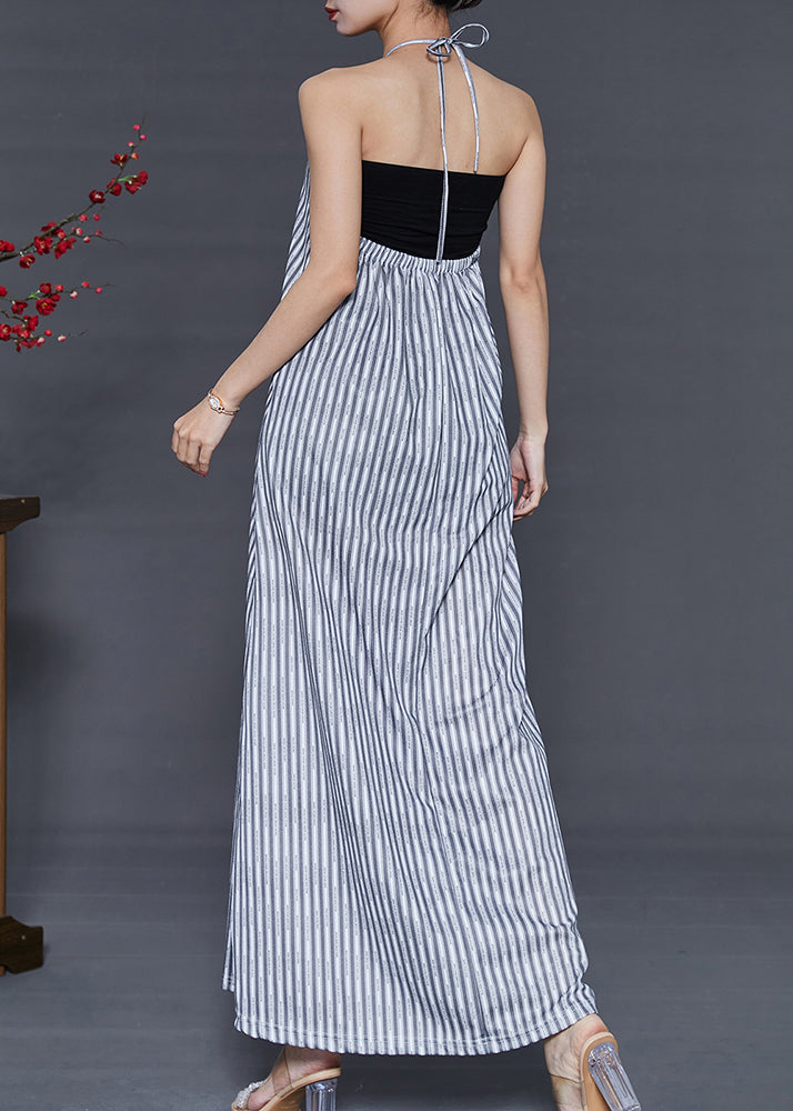 Grey Striped Backless Cotton Beach Dress Summer