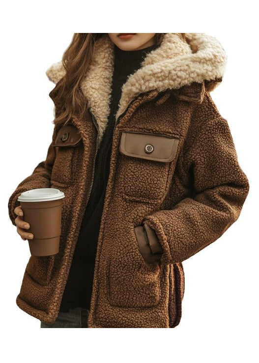 Modern Khaki Pockets Patchwork Fleece Wool Lined Hooded Jacket Spring