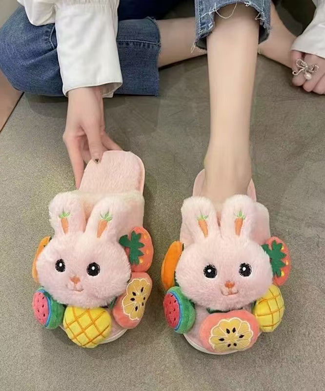 Splicing Slippers Shoes Pink Fuzzy Wool Lined