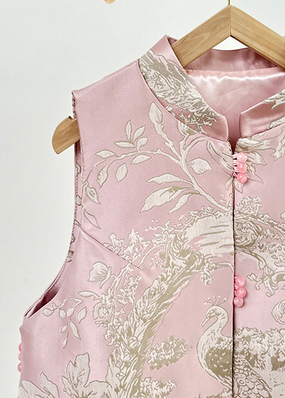 Pink Stand Collar Embroidered Nail Bead Side Open Waistcoat Fall