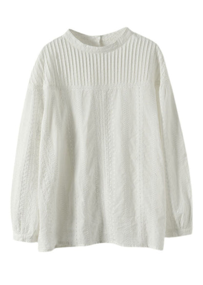 White Hollow Out Patchwork Wrinkled Cotton Tops Fall