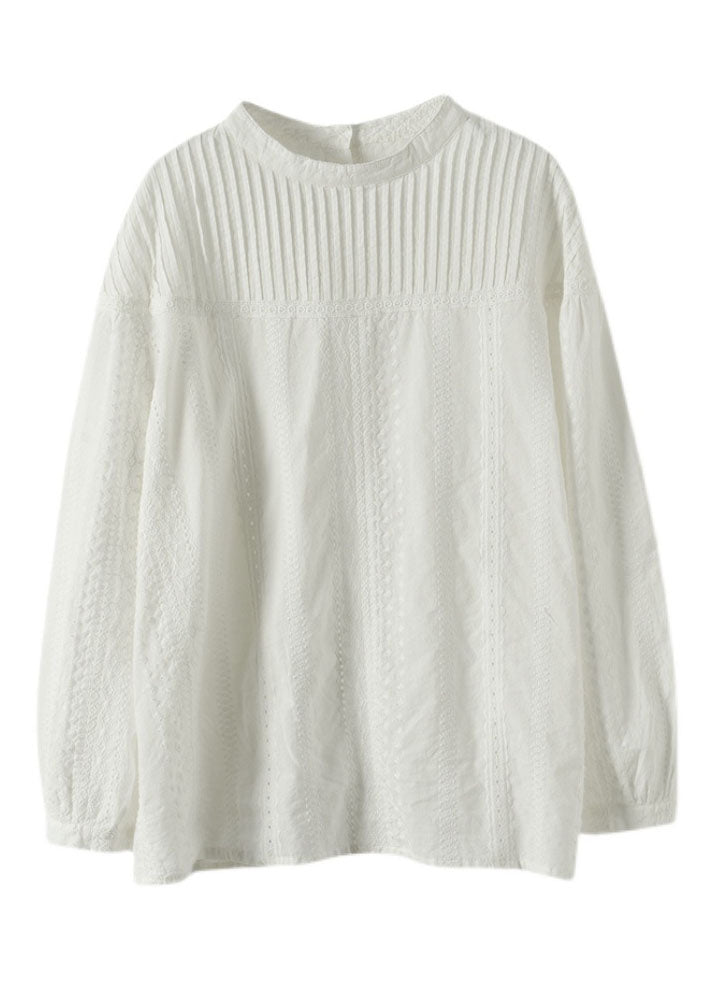 White Hollow Out Patchwork Wrinkled Cotton Tops Fall