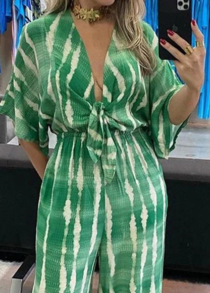 New Green V Neck Print Lace Up Cotton Jumpsuits Summer