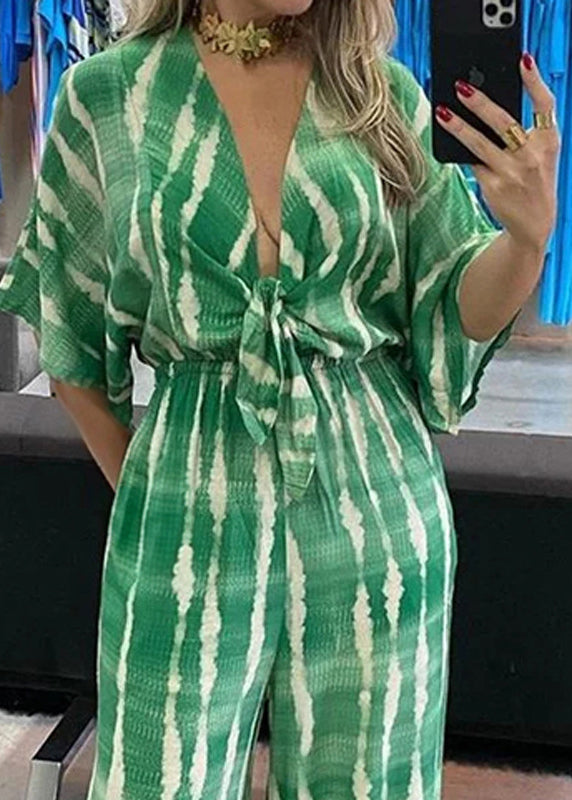 New Green V Neck Print Lace Up Cotton Jumpsuits Summer