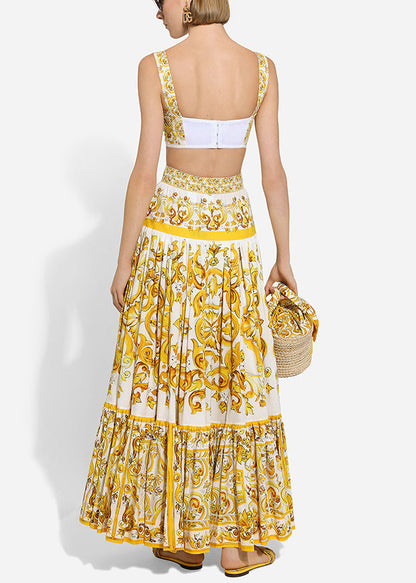 Yellow Print Tank and Skirts Cotton Two Pieces Set Sleeveless