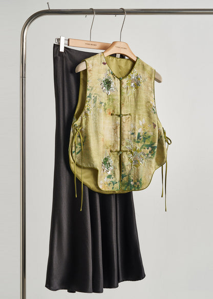Handmade Grass Green Sequins Embroidered Silk Vests Fall