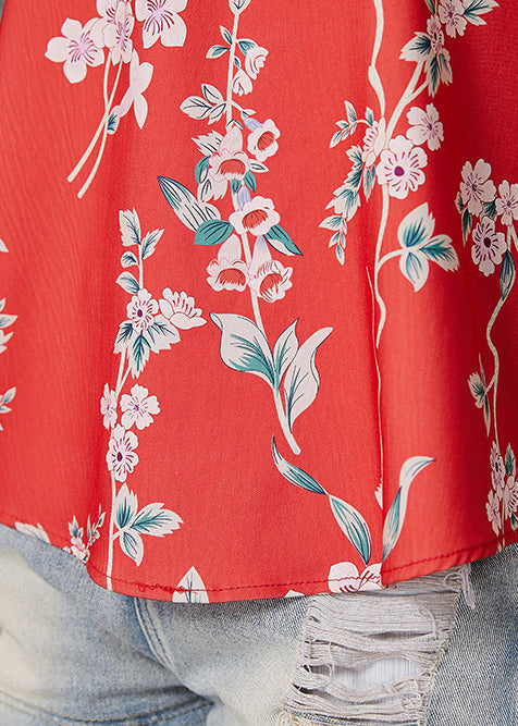 Red Stand Collar Print Tops Sleeveless