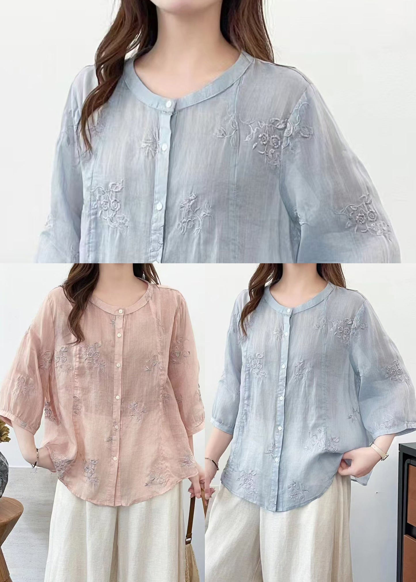Blue O-neck Embroidered Linen Shirts Summer