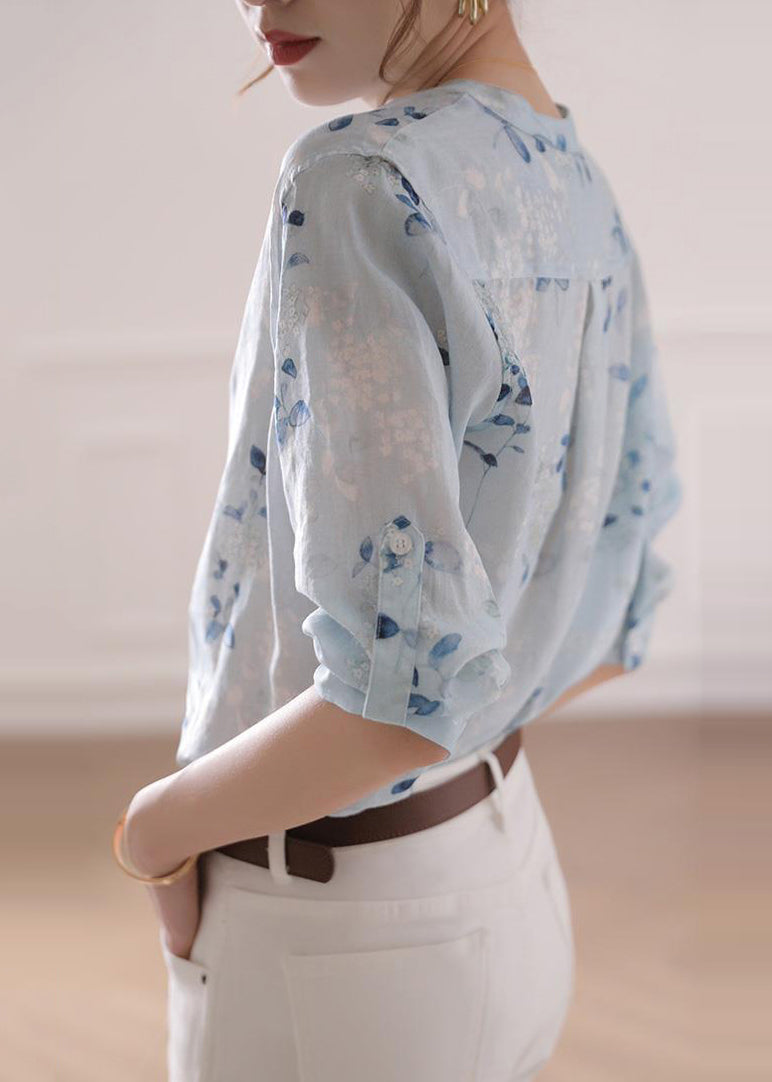 Light Blue Print Linen Top Bracelet Sleeve