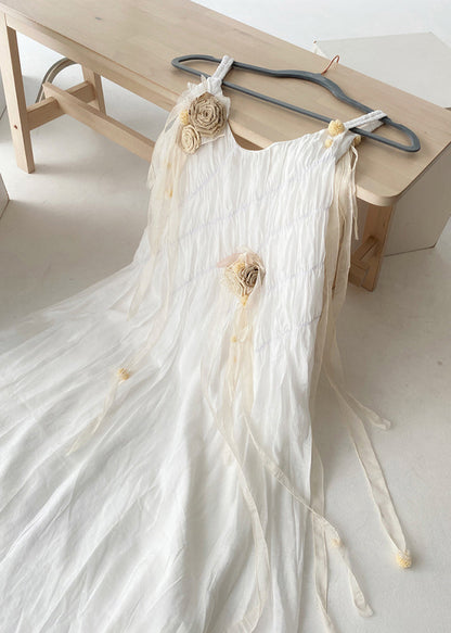 French Apricot Decorated Pleated Dress for Summer