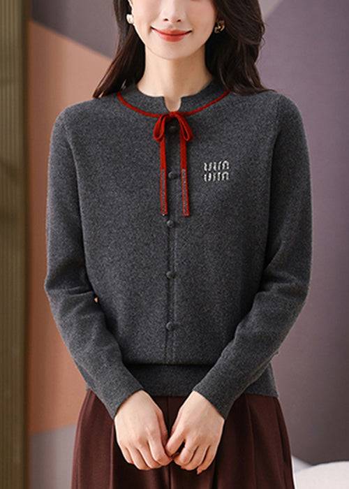 Dark Gray O Neck Lace Up Woolen Short Sweater Winter