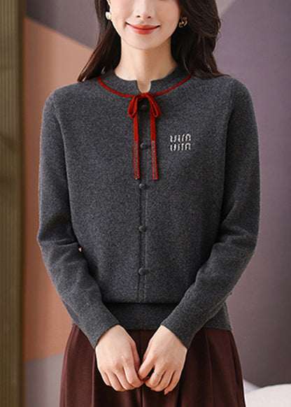 Dark Gray O Neck Lace Up Woolen Short Sweater Winter