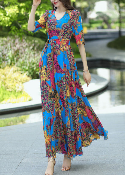 Blue V Neck Print Lace Up Chiffon Dress Summer