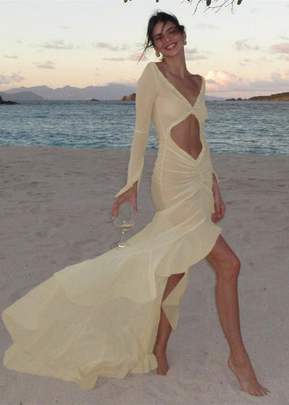 Summer Apricot V Neck Vacation Style Hollow Out Slim Fit Dress