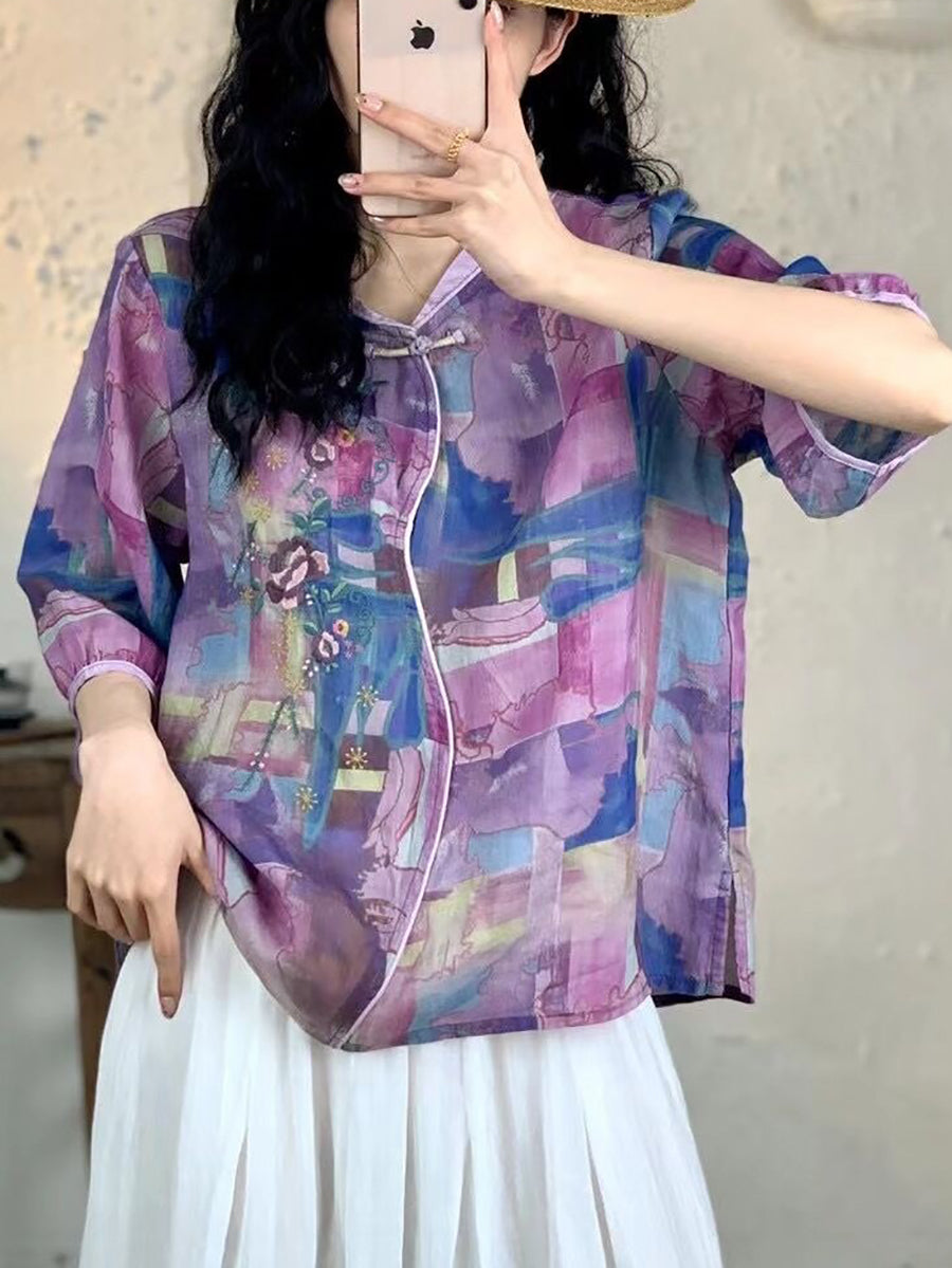 Summer Embroidery Ramie Shirt