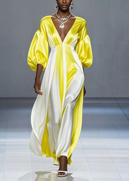French Yellow Deep-v Neck Patchwork Silk Dress Lantern Sleeve
