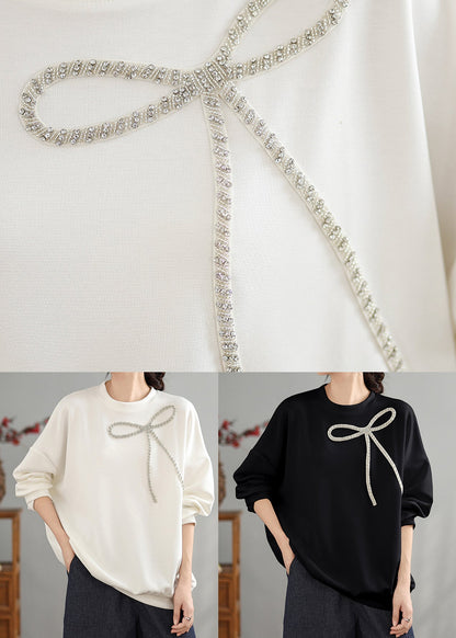 Black O Neck Bow Cotton Pullover Top Spring