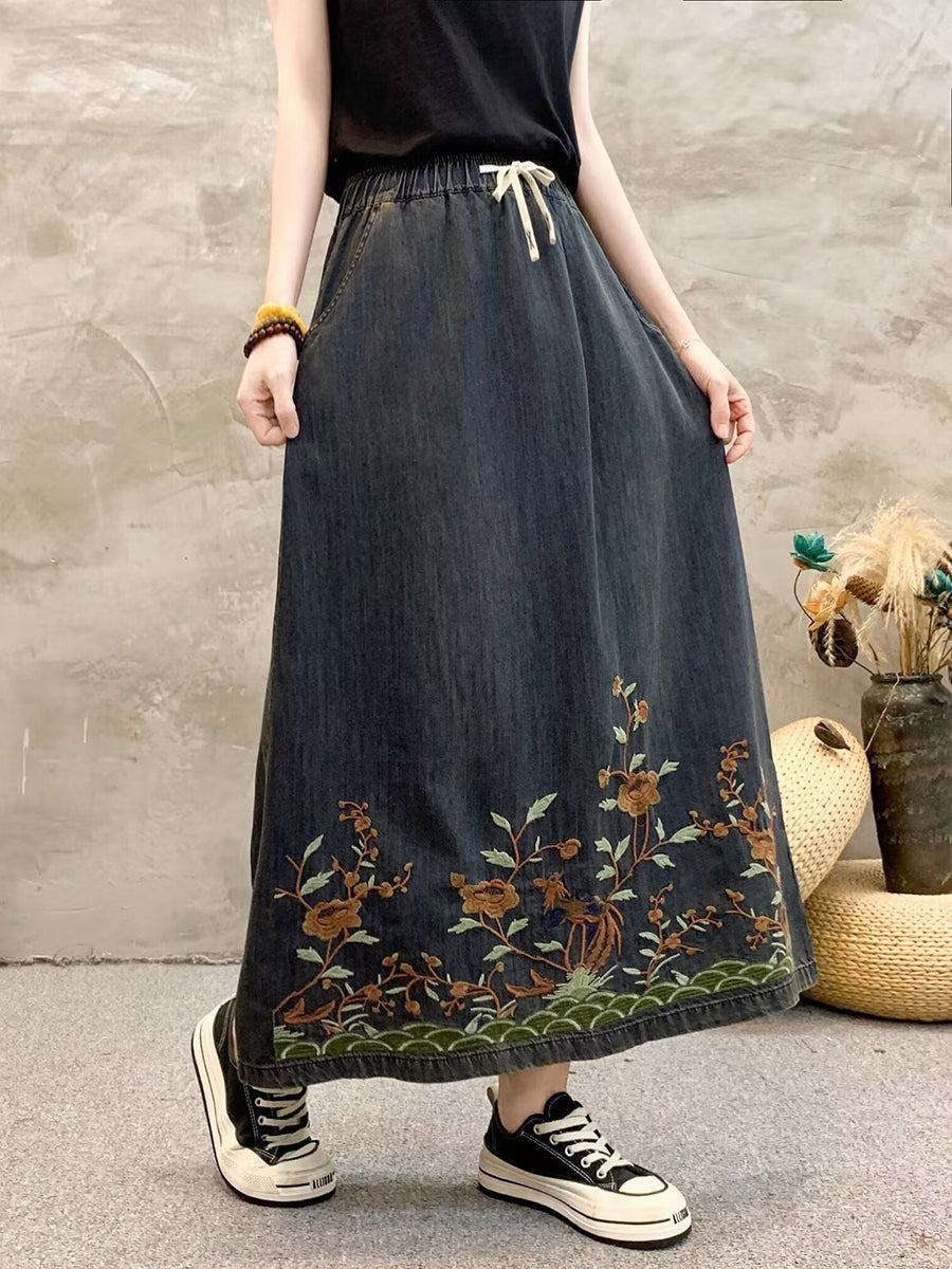 Summer Artsy Flower Embroidert Denim Skirt