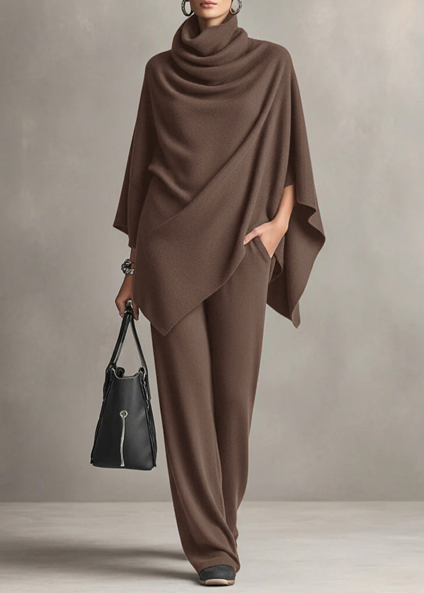 Loose Camel Turtleneck Pockets Tops and Pants Two-piece Set