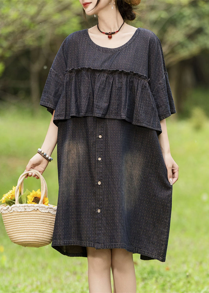 Loose Black O-neck Ruffled Print Denim Dress Summer