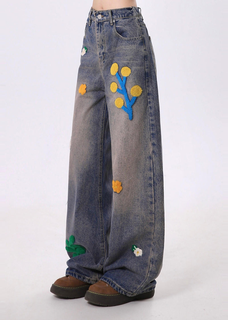 Blue Embroidered Denim Straight Pants Spring