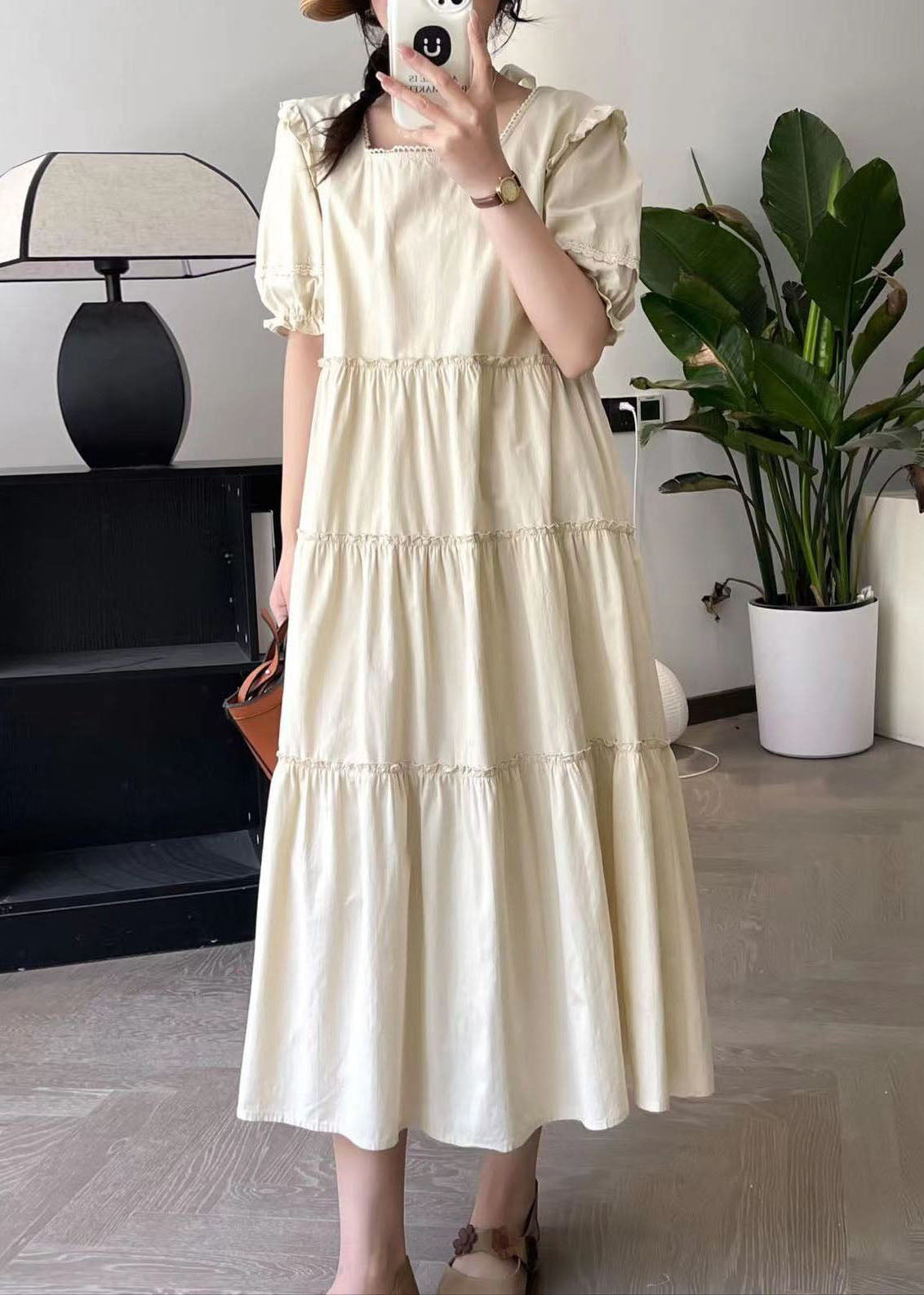 Apricot Square Collar Long Dress Short Sleeve