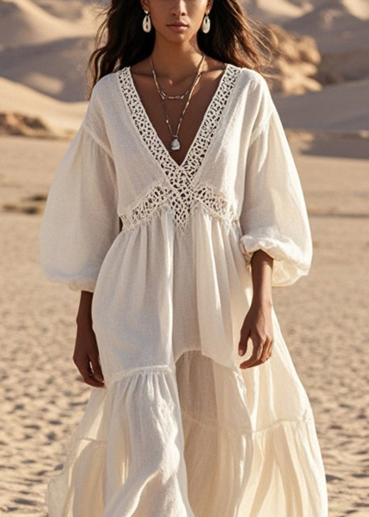 White V Neck Patchwork Hollow Out Cotton Dress Lantern Sleeve