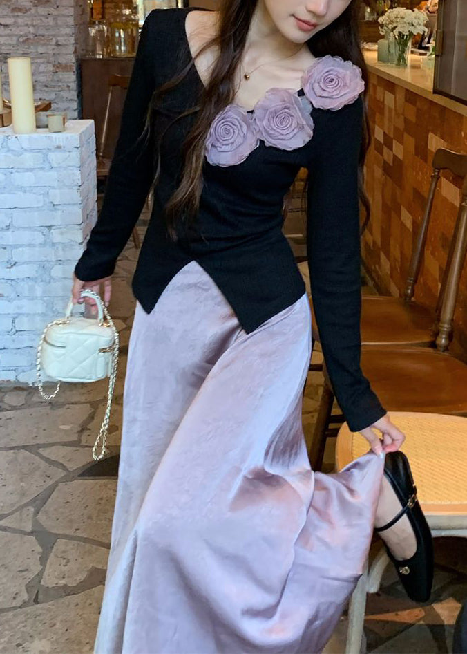 Black V Neck Knit Tops and Purple Skirts Two Pieces Set Fall
