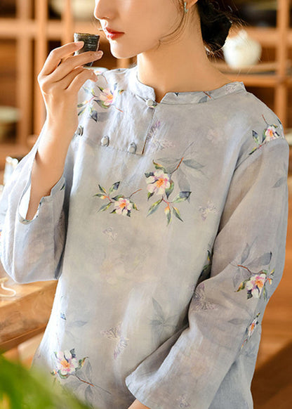 Green Stand Collar Print Linen Dresses Spring