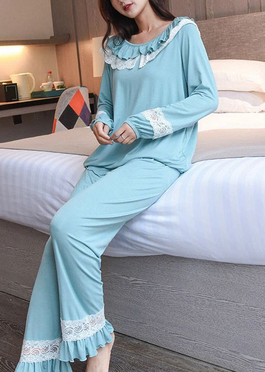 Blue Lace Patchwork Cotton Pajamas Two Piece Set Fall