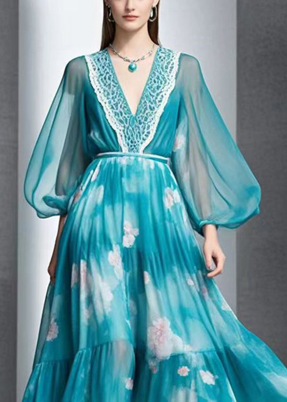 Peacock Blue Print Exra Large Hem Chiffon Long Dress Fall