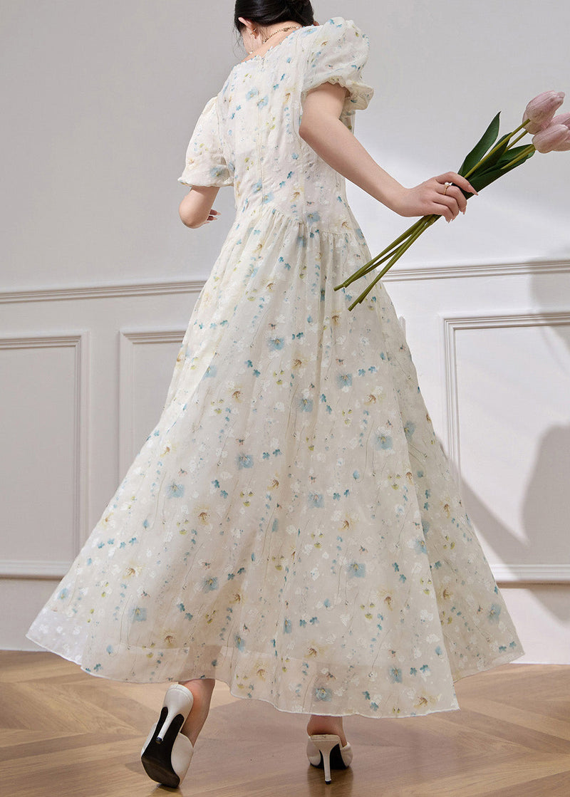 White V Neck Patchwork Chiffon Long Dress Short Sleeve