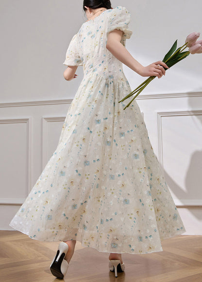 White V Neck Patchwork Chiffon Long Dress Short Sleeve