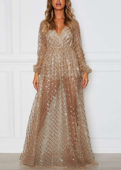 Gold V-neck Check Sequin Dress Long Sleeve