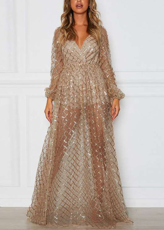 Gold V-neck Check Sequin Dress Long Sleeve
