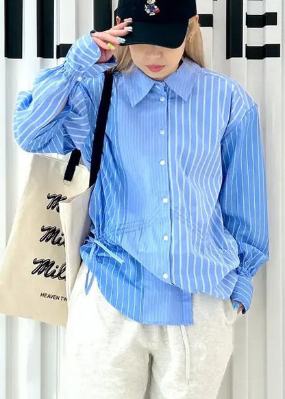 French Blue Asymmetrical Striped Cotton Shirts Spring