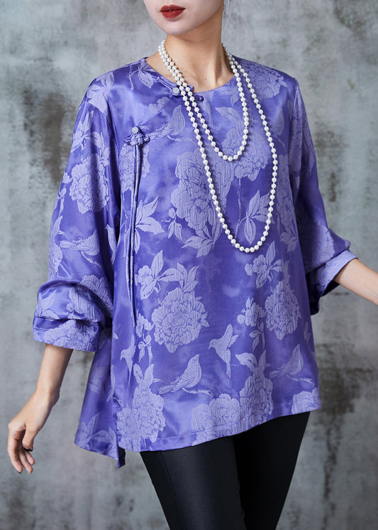 Purple Jacquard Silk Oriental Shirt Top Fall