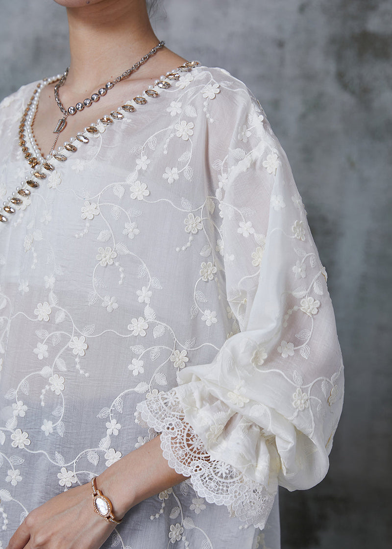 White Embroidered Zircon Cotton Shirt Tops Summer