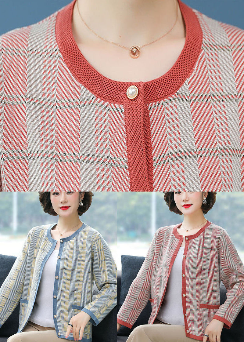 Blue Plaid Knit Coats O-neck Pockets Long Sleeve