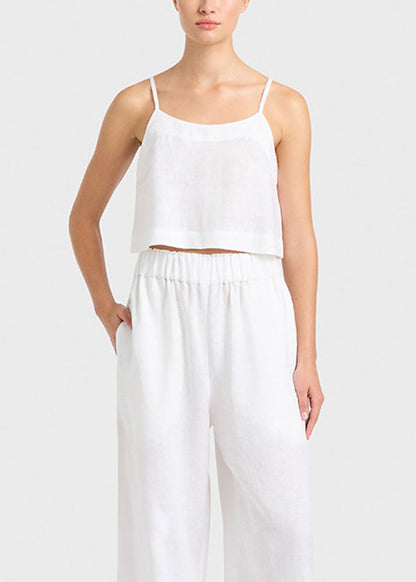 Boutique White O Neck Holiday Linen Tank Top Summer