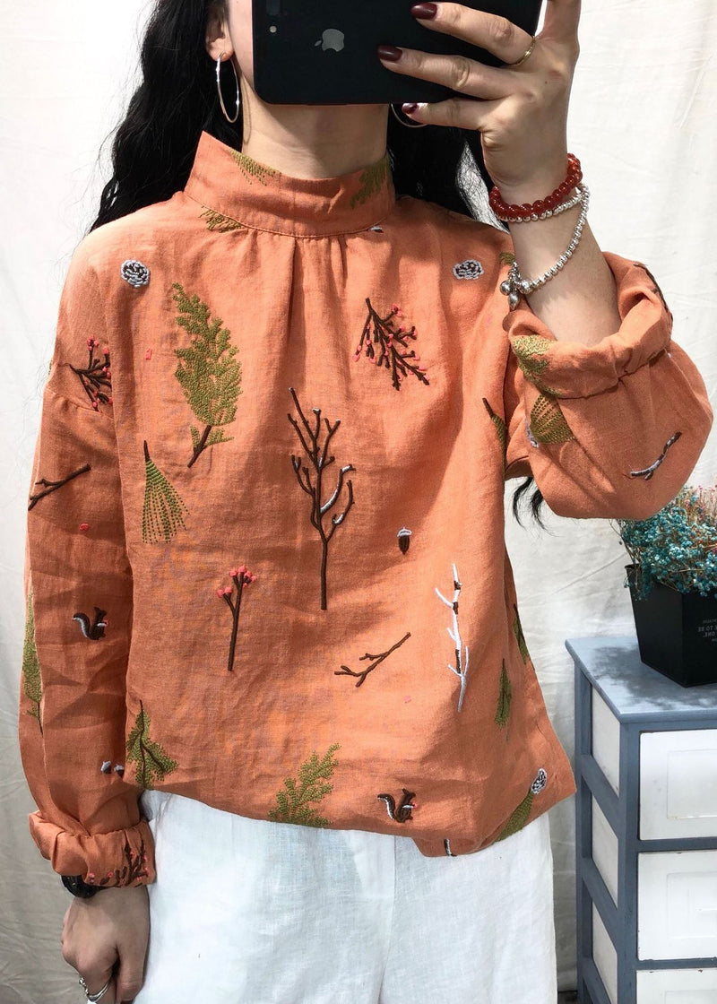 White Stand Collar Embroidered Linen Blouses Long Sleeve