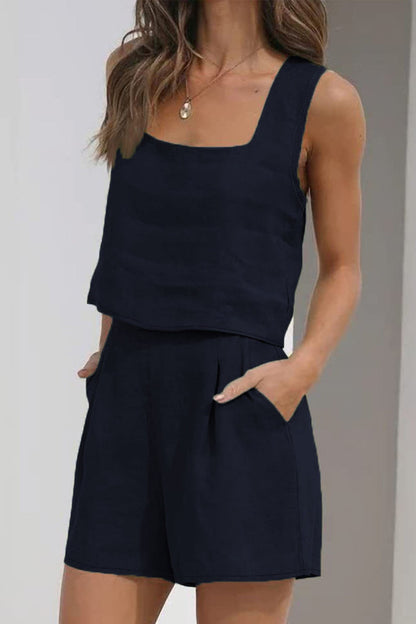 Tank Top Square Neck Pocket Shorts Set