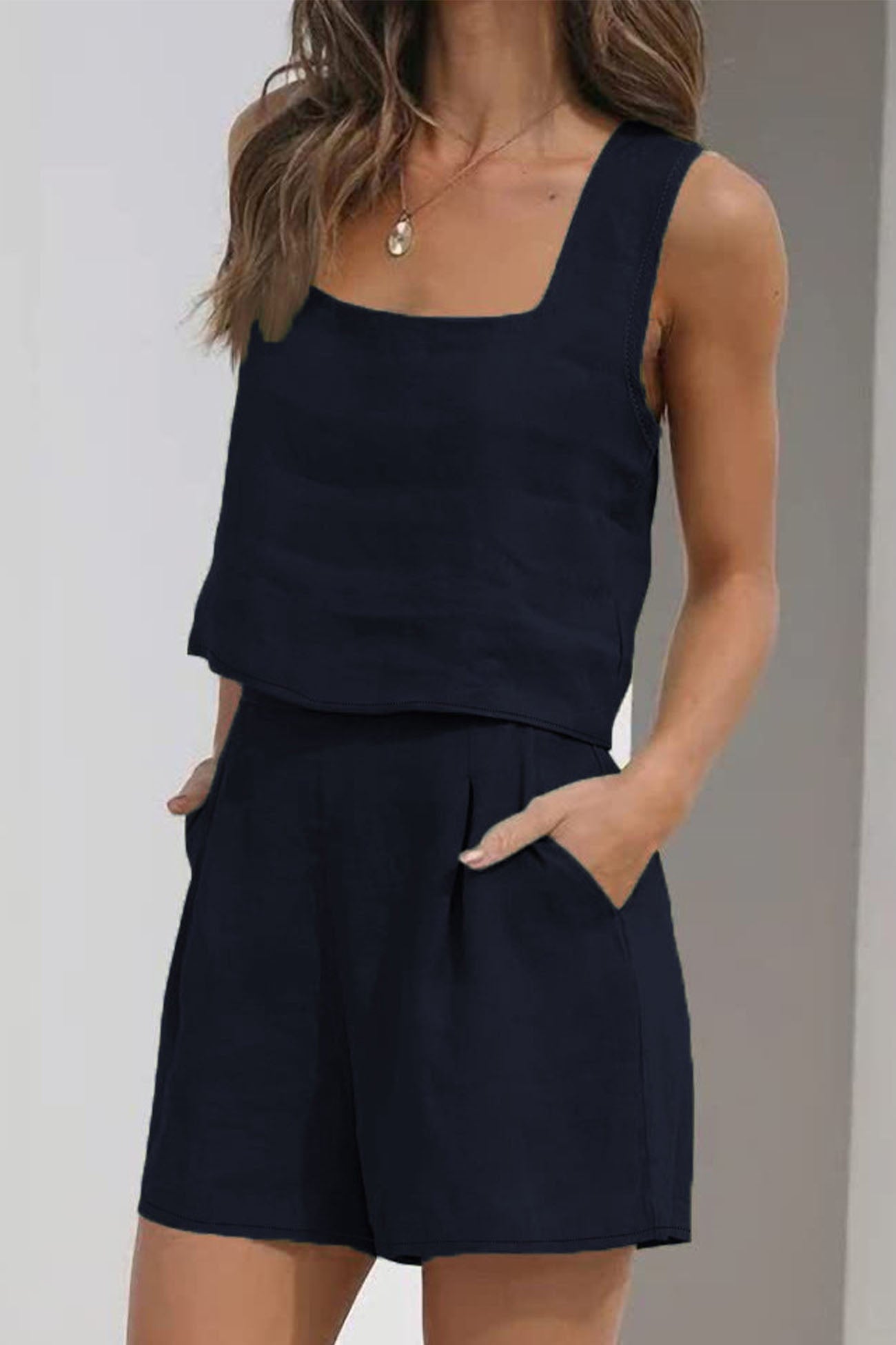 Tank Top Square Neck Pocket Shorts Set