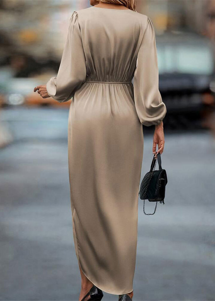 Organic Champagne V Neck Asymmetrical Silk Long Dresses Puff Sleeve